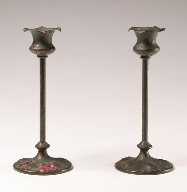 Appraisal: Apollo Studios NY pair Arts Crafts bronze floriform candlesticks Stamped