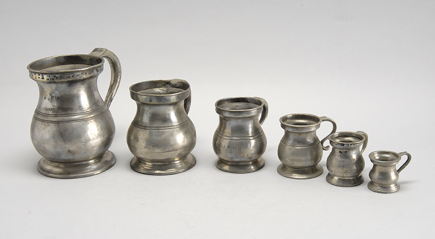 Appraisal: ASSEMBLED SET OF SIX ENGLISH PEWTER MEASURES th CenturyWith bulbous