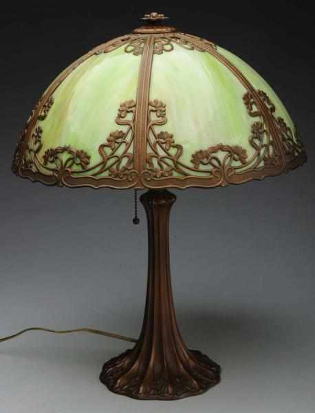 Appraisal: Green Slag Glass Lamp on Bronzed Metal Base Circa Floral