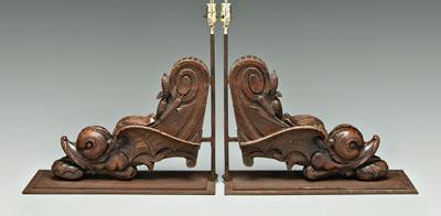 Appraisal: Pair carved oak dolphin brackets winged dolphins with cattails and