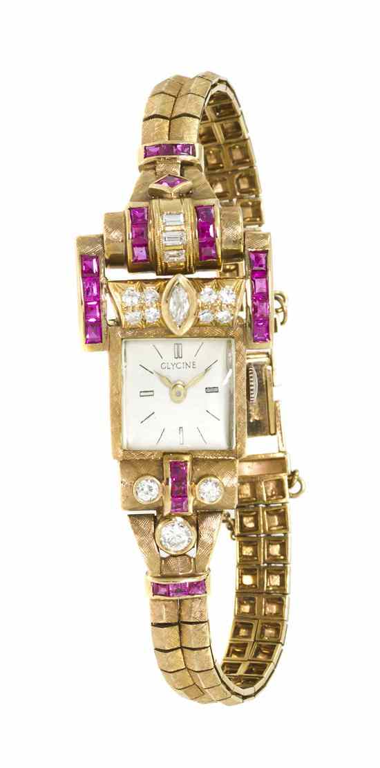 Appraisal: A Retro Karat Yellow Gold Ruby and Diamond Wristwatch Glycine