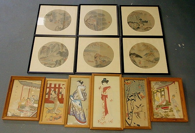 Appraisal: Group of six Japanese round paintings on silk dia and