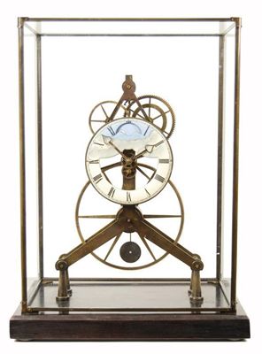 Appraisal: A brass skeleton clock with a inch pierced enamel dial