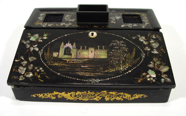 Appraisal: Victorian ebonised paper mach writing slope inlaid with grapevine leaves