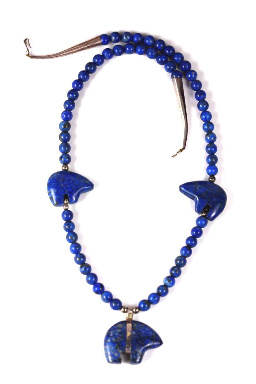 Appraisal: NATIVE AMERICAN LAPIS LAZULI AND SILVER BEAR NECKLACEUnmarked Contemporary in