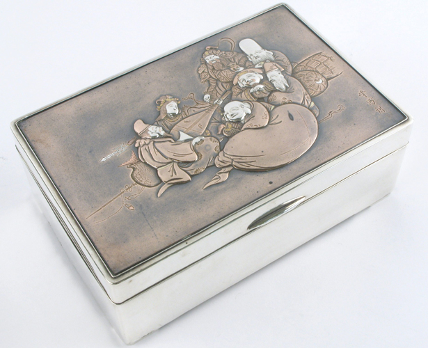 Appraisal: JAPANESE STERLING SILVER TREASURE BOX raised figures with copper and