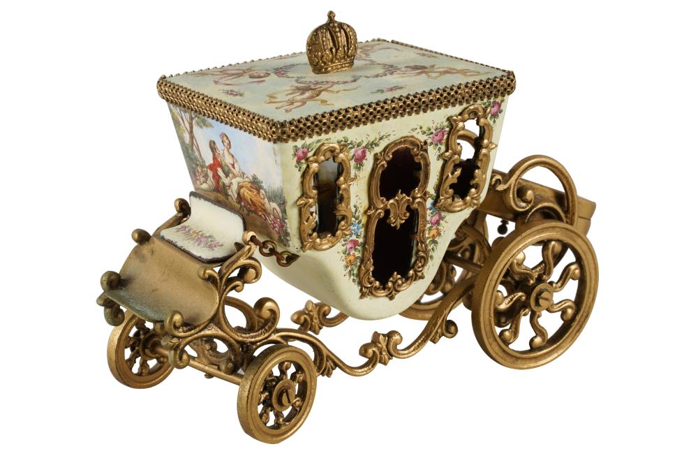 Appraisal: ENAMEL GILT METAL CARRIAGE-FORM MUSIC BOX th century unmarked Condition