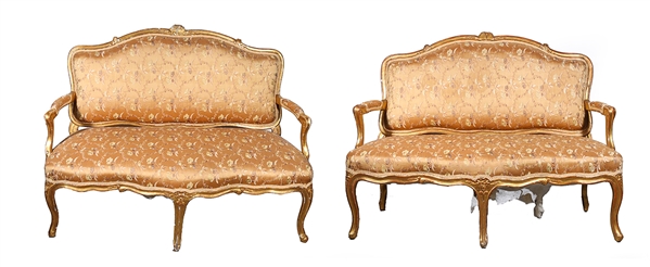 Appraisal: Pair of French provincial giltwood settee with silk jacquard upholstery