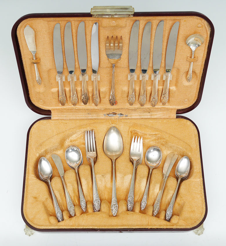 Appraisal: SILVERPLATE FLATWARE SET IN UNIQUE DECO SILVER CHEST Approx pieces