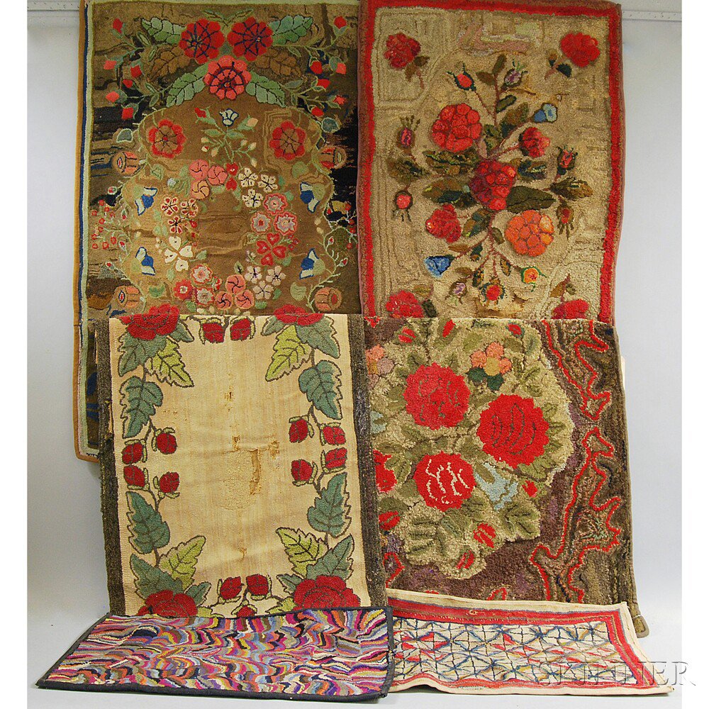 Appraisal: Six Hooked Rugs four with floral motifs one with multicolored