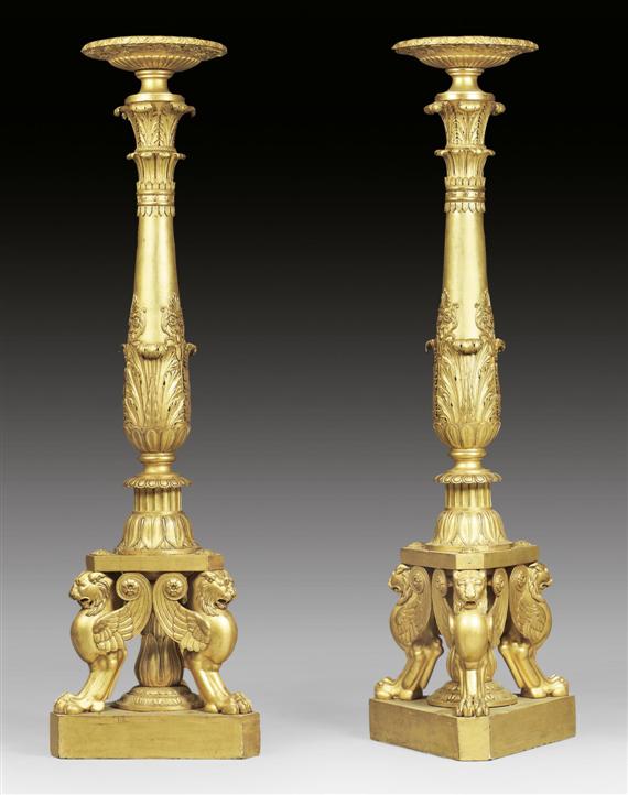 Appraisal: PAIR OF IMPORTANT TALL TORCHERES AUX LIONS AILES late Empire