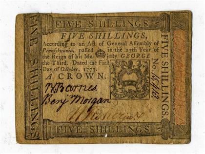 Appraisal: piece Paper Currency American Colonial Pennsylvania Oct Five shillings XF