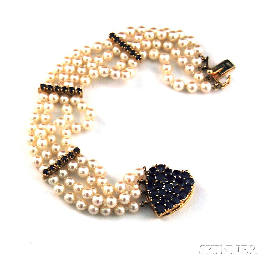 Appraisal: Multi-strand Cultured Pearl Bracelet with a kt gold and sapphire