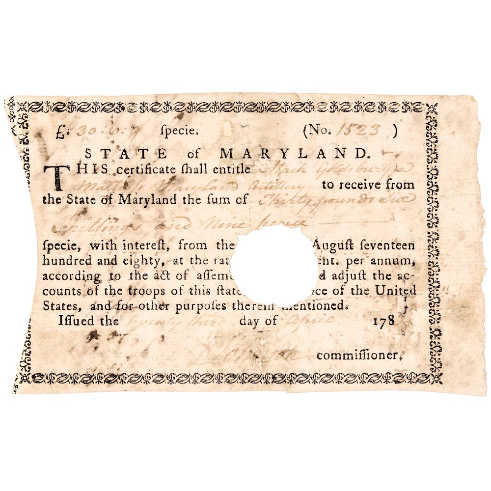 Appraisal: Revolutionary War Maryland Percent Interest Soldiers Payment American Revolution Revolutionary