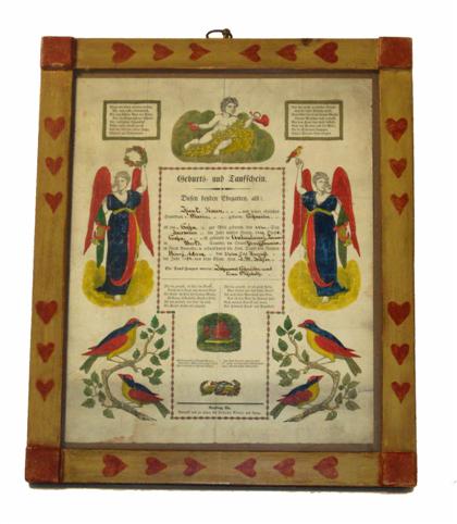 Appraisal: Fraktur Painted and hand-colored Taufschien johann ritter und comp reading