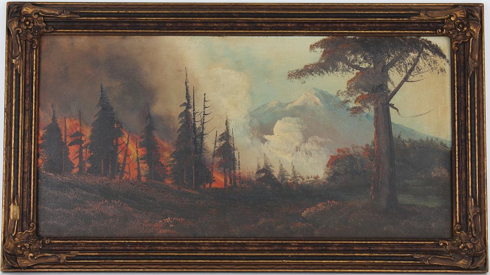 Appraisal: American School Western Landscape w Fire American School Western Landscape