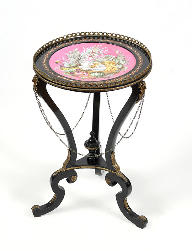 Appraisal: NAPOLEON III EBONIZED PORCELAIN INSET TOP TABLE Ebonized table with