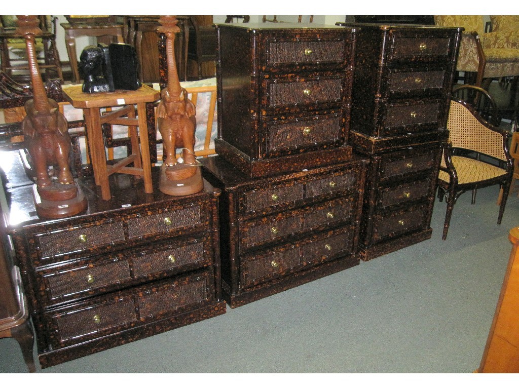 Appraisal: Simulated bamboo bedroom suite comprising five chests pair tub chairs