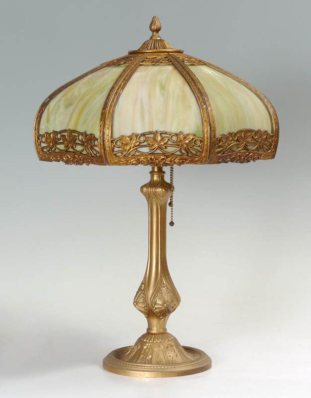 Appraisal: SALEM BROTHERS BENT PANEL SLAG GLASS LAMP Gilt decorated cast