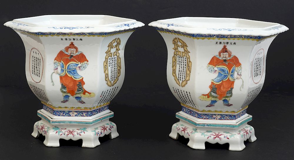 Appraisal: Pr Chinese Hexagon Porcelain Planters Stands Pair of hexagon porcelain