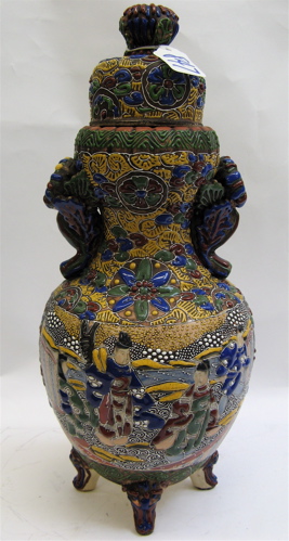 Appraisal: JAPANESE MORIAGE TEMPLE JAR heavily enameled earthenware in colorful design