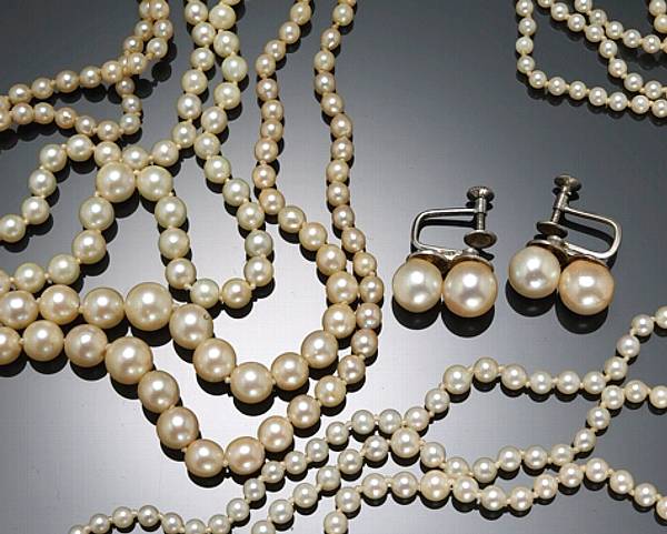 Appraisal: A collection of three cultured pearl k white gold and