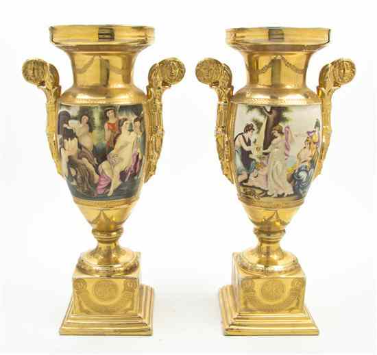 Appraisal: A Pair of Paris Porcelain Style Urns each of handled