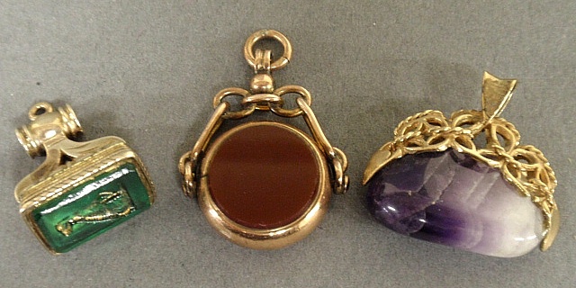 Appraisal: - Three Victorian watch fobs- k gold w carnelian bloodstone