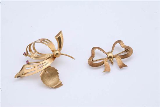 Appraisal: TWO BROOCHES Bow shaped brooch with florentine finish and watch