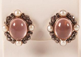 Appraisal: PAIR OF K YELLOW GOLD DIAMOND AND ROSE QUARTZ EARRINGS