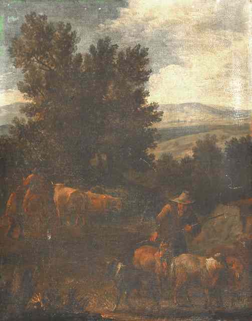 Appraisal: CIRCLE OF NICOLAES BERCHEM - A herdsman with goats dog