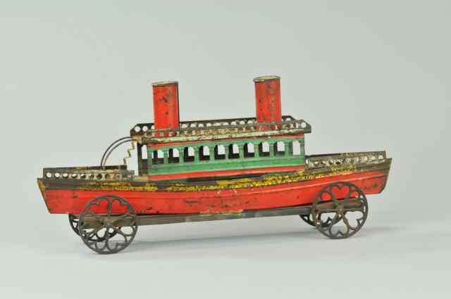 Appraisal: EARLY TIN SHIP FLOOR TOY Interesting pull toy painted in