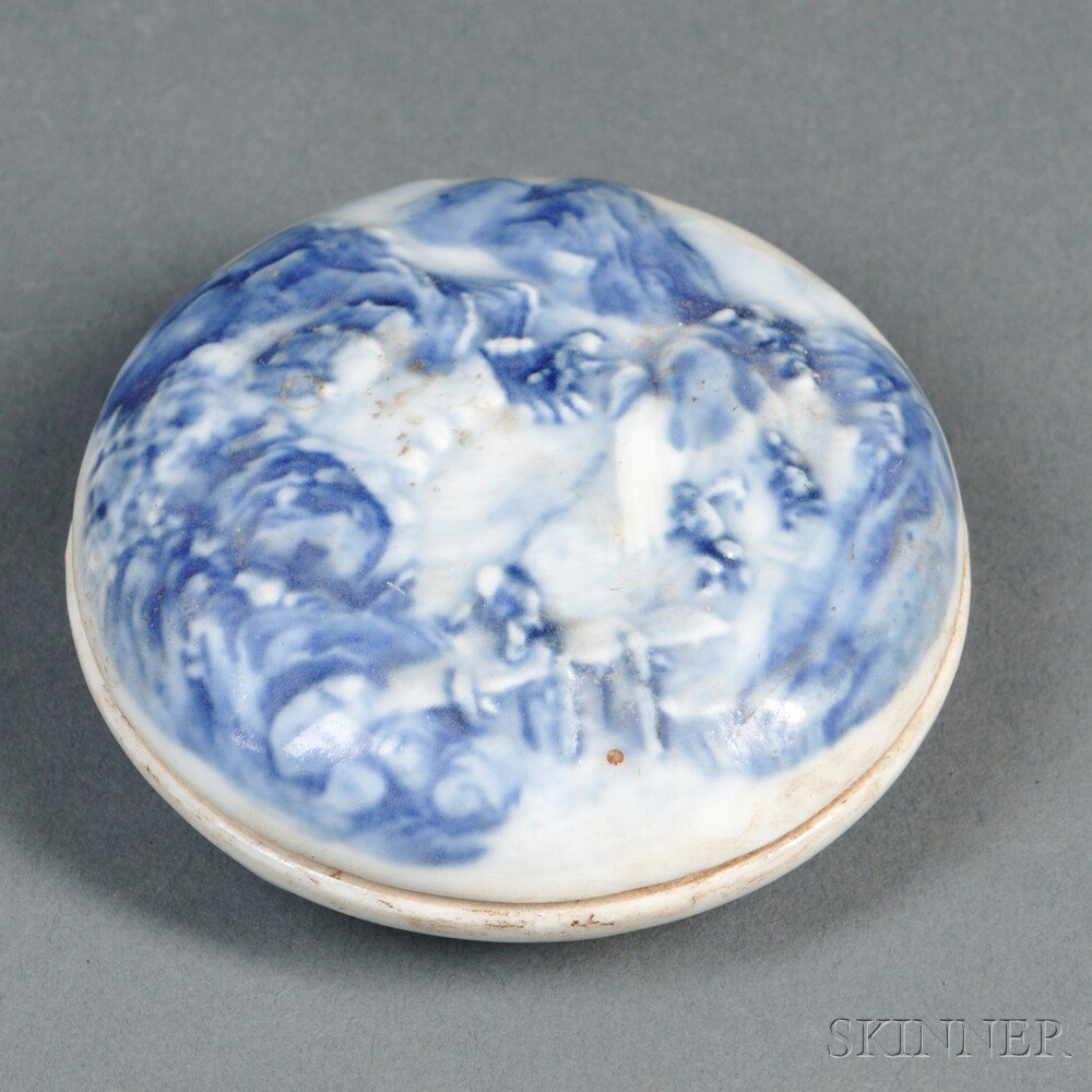 Appraisal: Blue and White Seal Paste Box China the cover molded