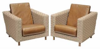 Appraisal: Pair Woven Fiber and Leather Upholstered Club Chairs modern each