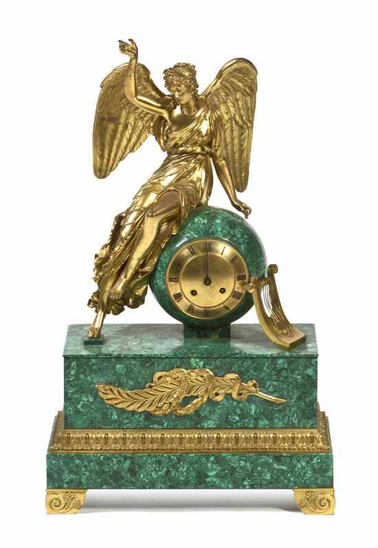 Appraisal: A Neoclassical Gilt Metal and Malachite Veneered Mantel Clock cast