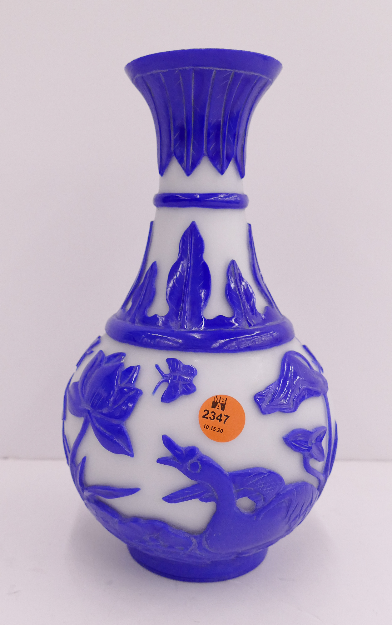 Appraisal: Chinese Carved Blue Peking Glass Vase- ''