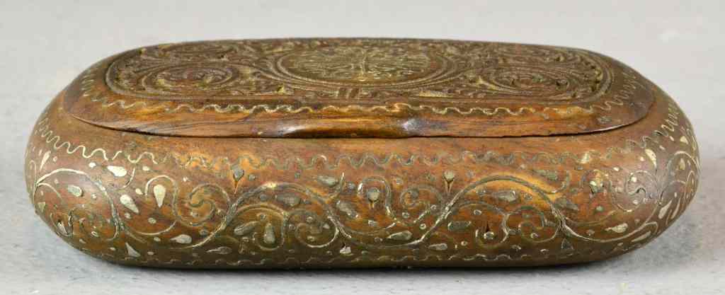 Appraisal: Islamic Olive Wood Box Inlaid with SilverSmall oval wooden hinged