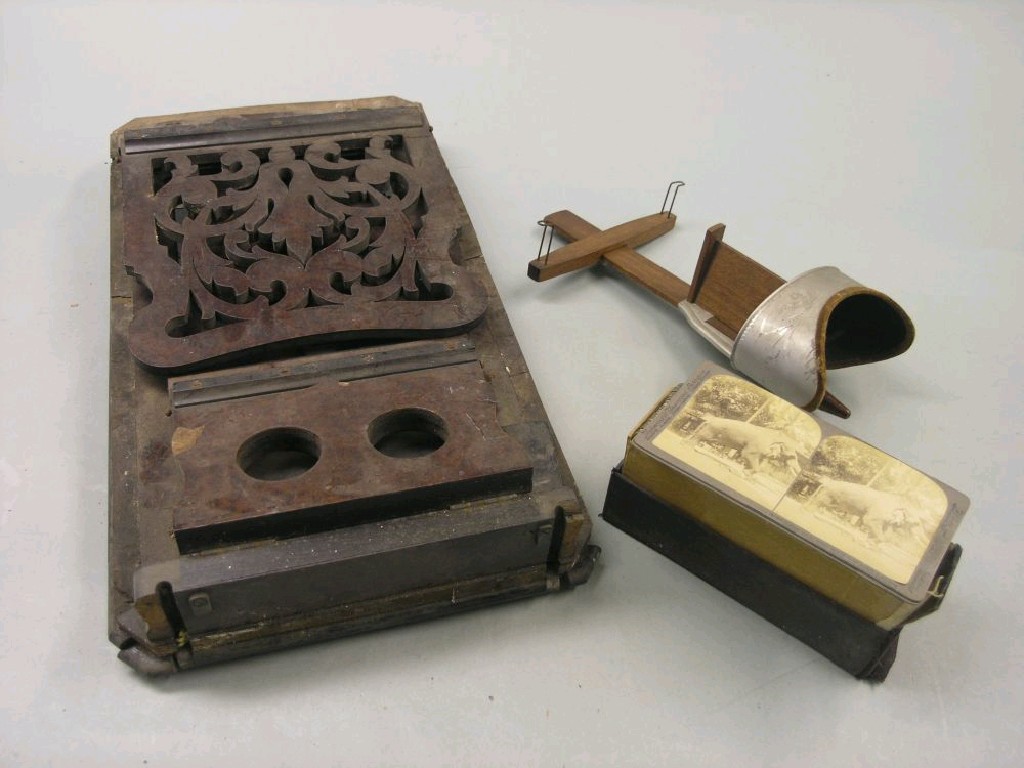 Appraisal: A Victorian burr yew veneered stereoscopic viewer in need of