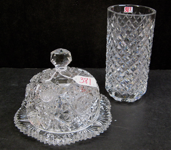 Appraisal: TWO CUT CRYSTAL TABLE ACCESSORIES One is a Waterford cylindrical