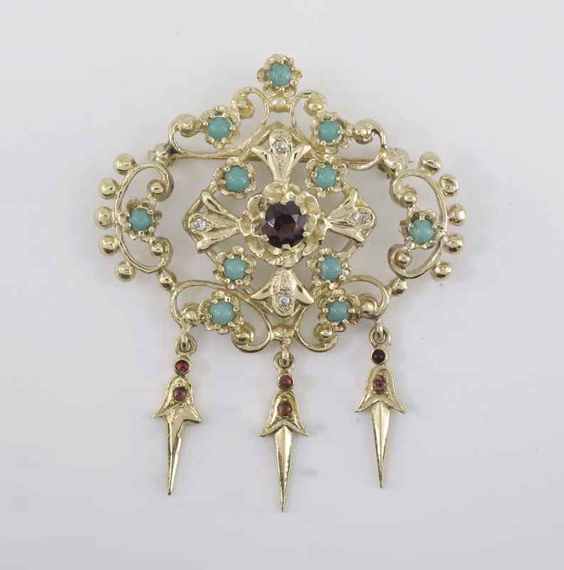 Appraisal: K TURQUOISE GARNET BROOCH K yellow gold brooch contains twelve