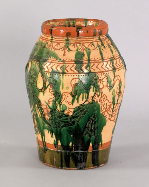 Appraisal: Large sgraffito decorated redware crock late th c h