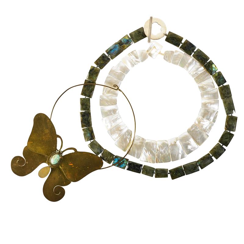 Appraisal: THREE HARDSTONE STUDIO CRAFT OR MOTHER OF PEARL NECKLACES Brass