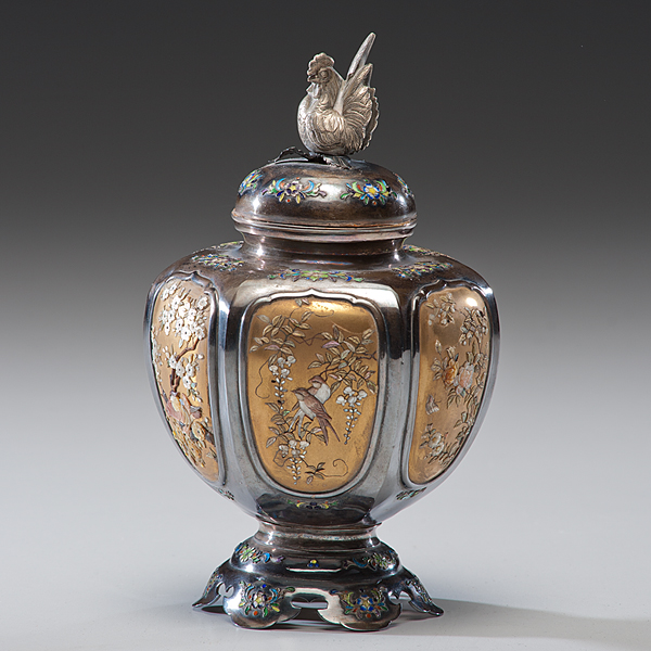 Appraisal: Japanese ca A silver footed and lidded censer with mother-of-pearl