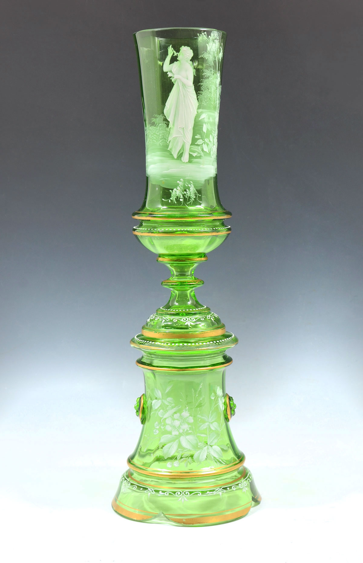 Appraisal: GREEN MARY GREGORY PART VASE AND STAND Green glass vase