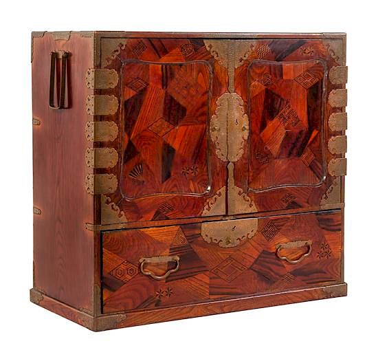 Appraisal: A Brass Mounted Marquetry Tansu Chest Height x width x