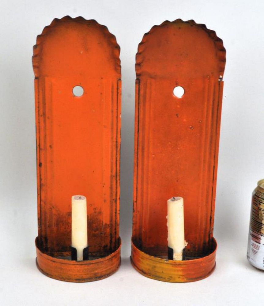 Appraisal: Pair Early Orange Painted Tin Tole Sconces with scalloped tops