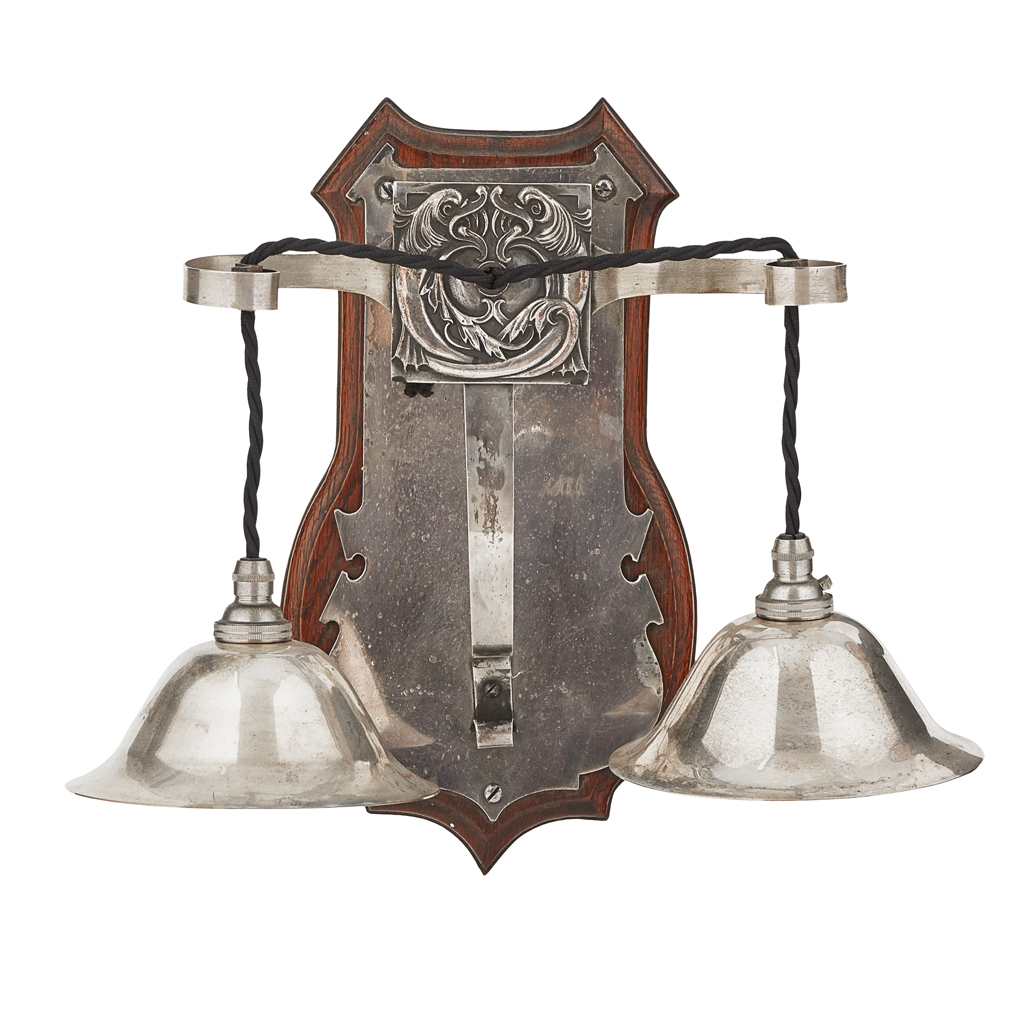 Appraisal: ARTS CRAFTS SILVERED WALL LIGHT CIRCA with twin tulip shades