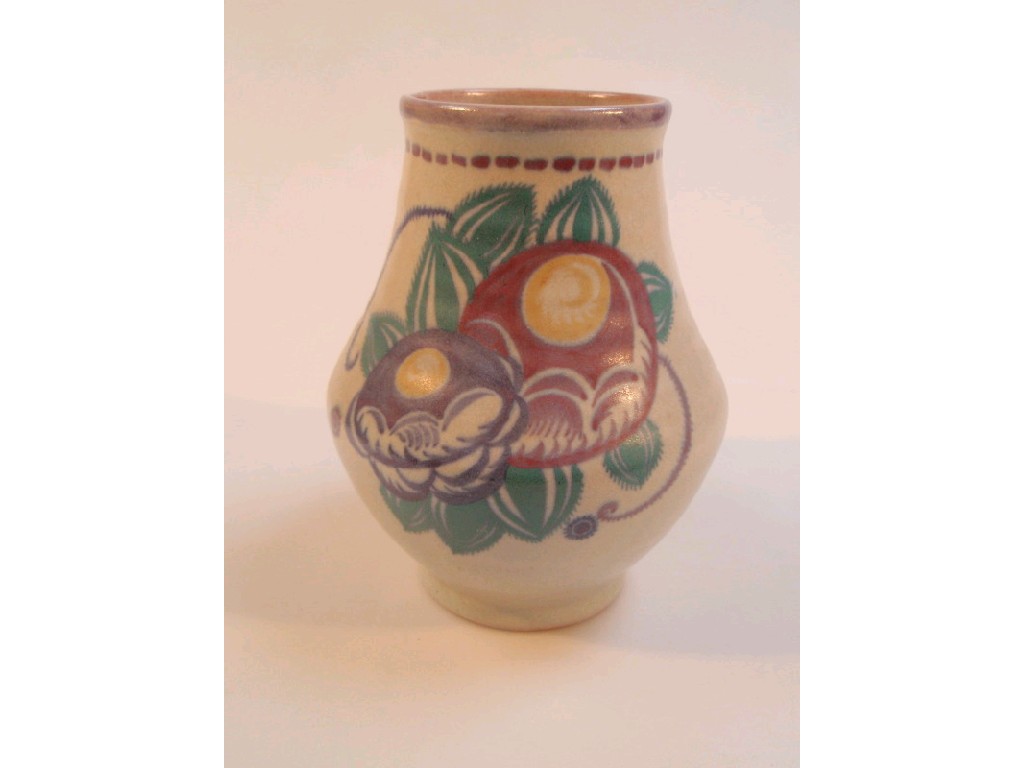 Appraisal: A Poole red earthenware vase painted in purple blue and