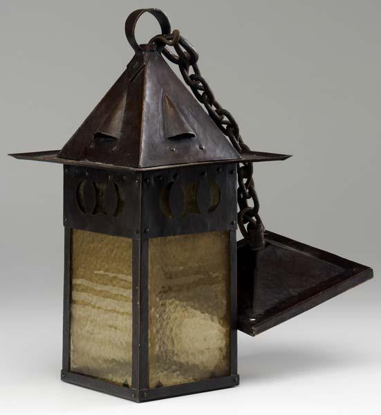 Appraisal: GUSTAV STICKLEY Rare hammered copper four-sided lantern with vented pyramidal