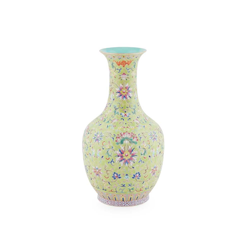 Appraisal: FAMILLE ROSE LIME-GREEN GROUND VASE TH- TH CENTURY richly enamelled